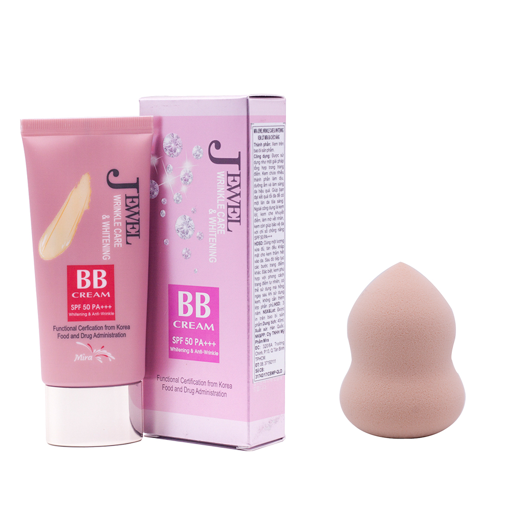 Kem lót nền đa chức năng cao cấp Hàn Quốc Mira Jewel BB Cream (40g) + tặng Bông Kem Tán Phấn Tiện Dụng Hình Hồ Lô Hàn Quốc Mira Suri – Hàng chính hãng.