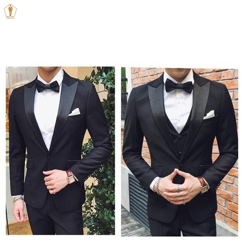Bộ set vest nam Tuxedo TRAZ màu đen trắng form ôm body kiểu cổ sam (áo vest+quần)