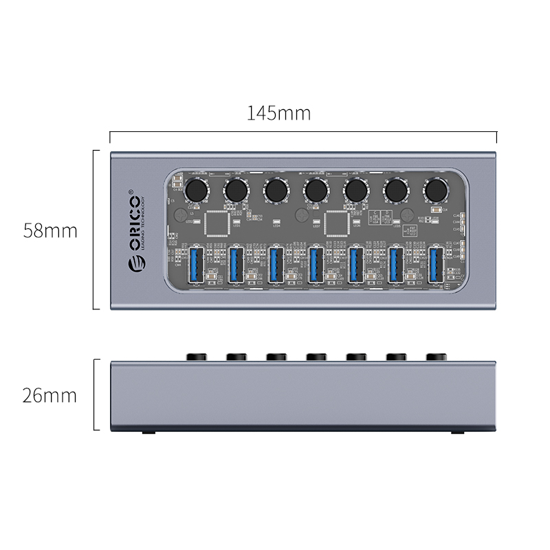 Bộ Chia USB HUB ORICO AT2U3-7AB-GY (Xám) 7 Cổng USB 3.0 Với Các Cổng Riêng Lẻ- Hàng Chính Hãng