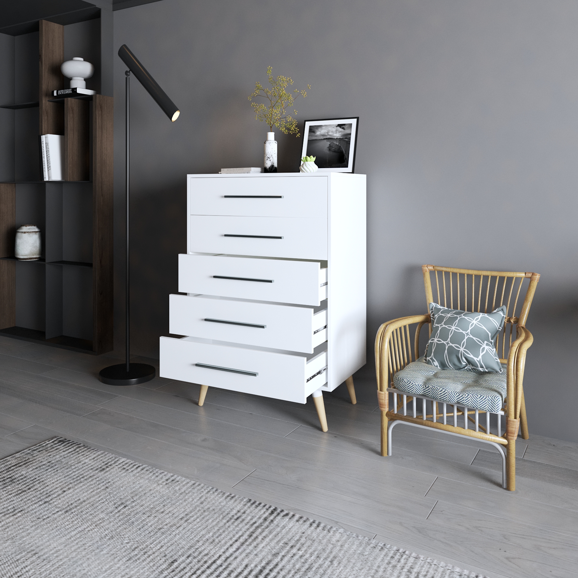 OSRI, Tủ đụng đồ 5 ngăn - chân gỗ chéo , 80cm x 50cm x 120cm , THK_023