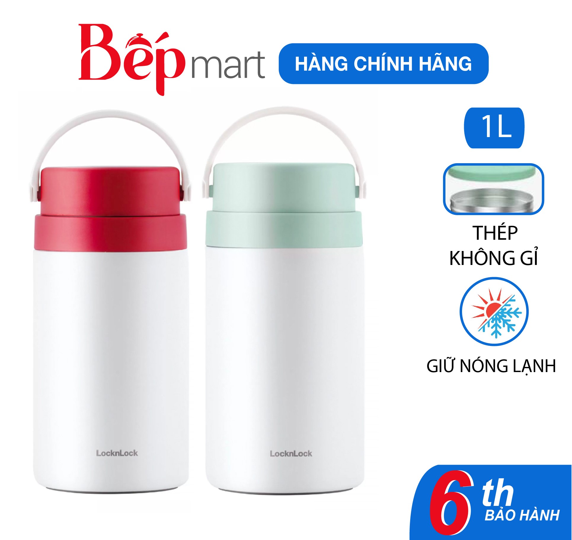 Hộp cơm giữ nhiệt LocknLock LHC8043 1000ml, 2 ngăn kèm muỗng inox, có thể ủ cháo cho bé - Hàng chính hãng