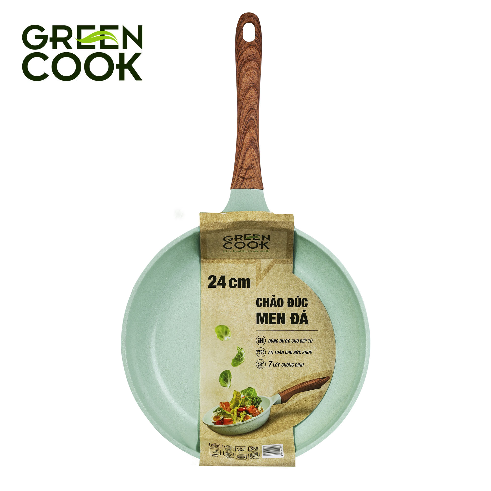 Chảo đúc đáy từ chống dính men đá ceramic xanh ngọc 24 cm Green Cook GCP06-24IH công nghệ Hàn Quốc - Hàng chính hãng