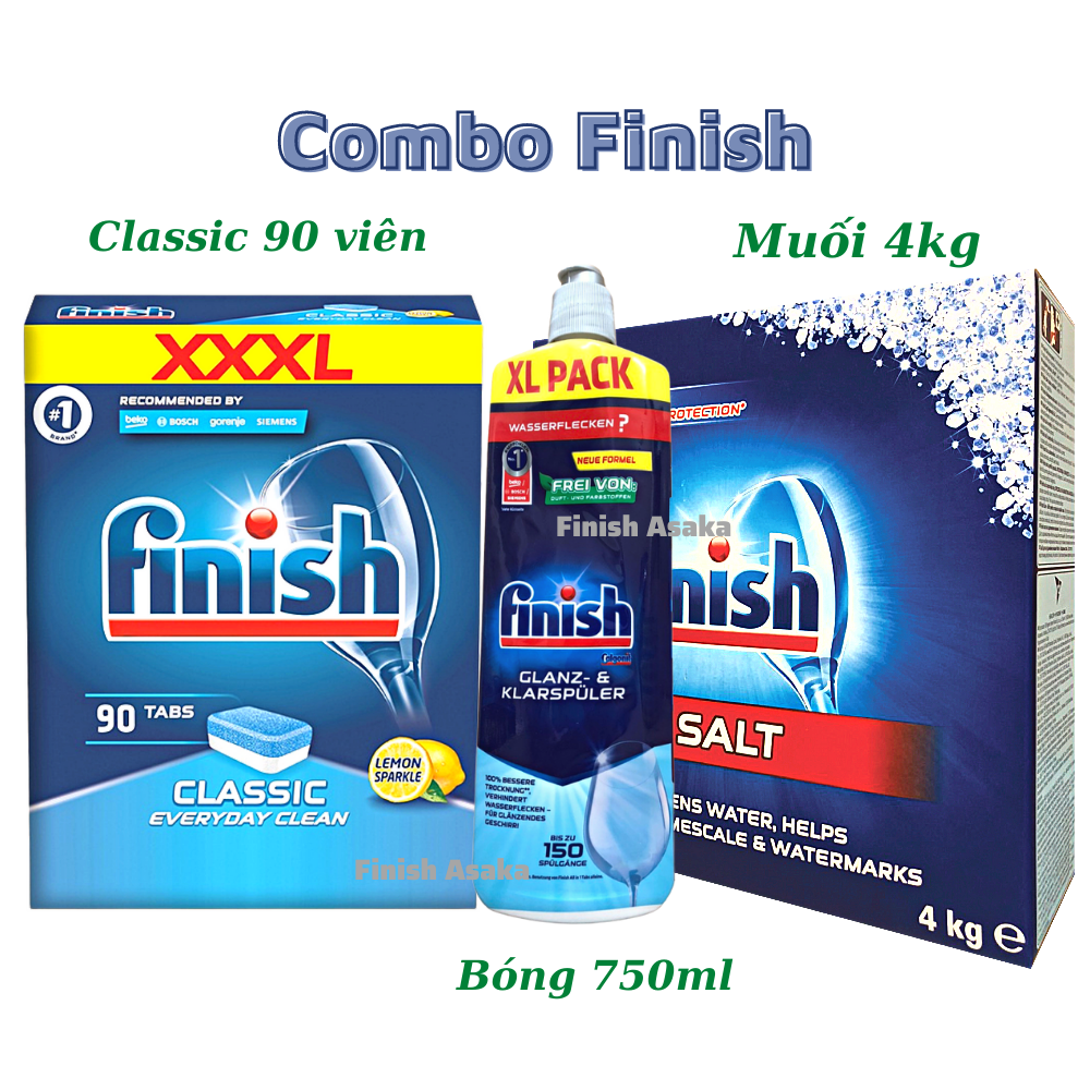 Combo rửa chén Finish: Viên Classic hộp 90 Viên, Muối hộp 4kg, Nước làm bóng 750ml,  - Nhập khẩu Châu Âu.