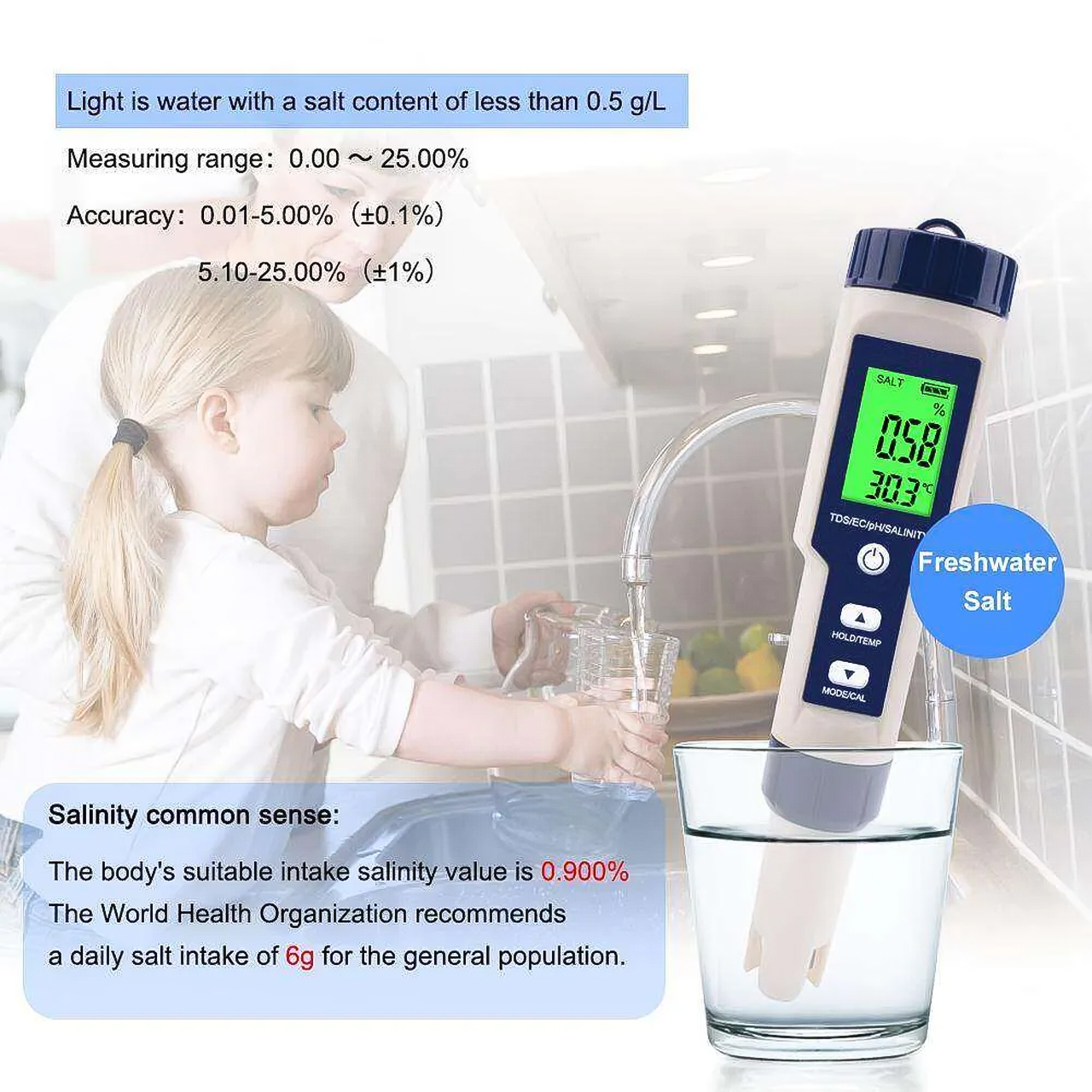 Bút kiểm tra chất lượng nước 5 trong 1, bút đo độ PH, độ mặn , TSD, EC cso đèn nền - hàng chính hãng