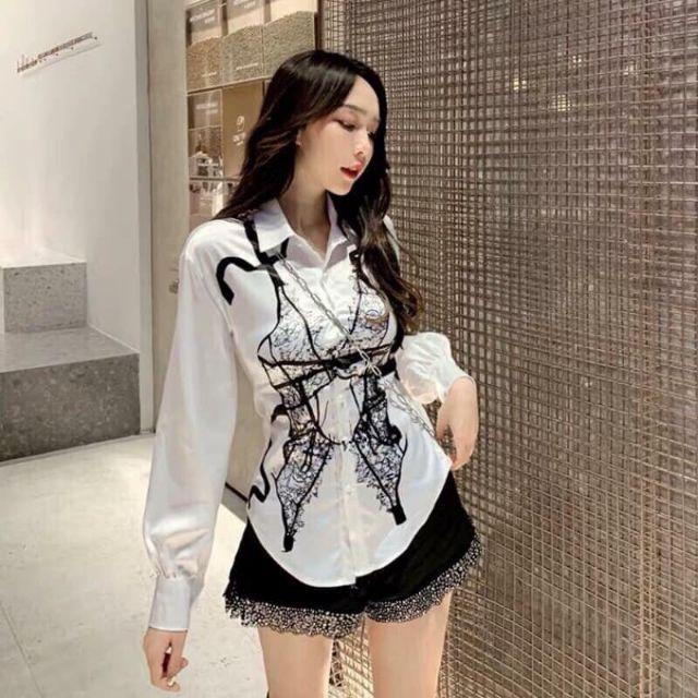 Áo sơ mi trắng họa tiết đen sang chảnh