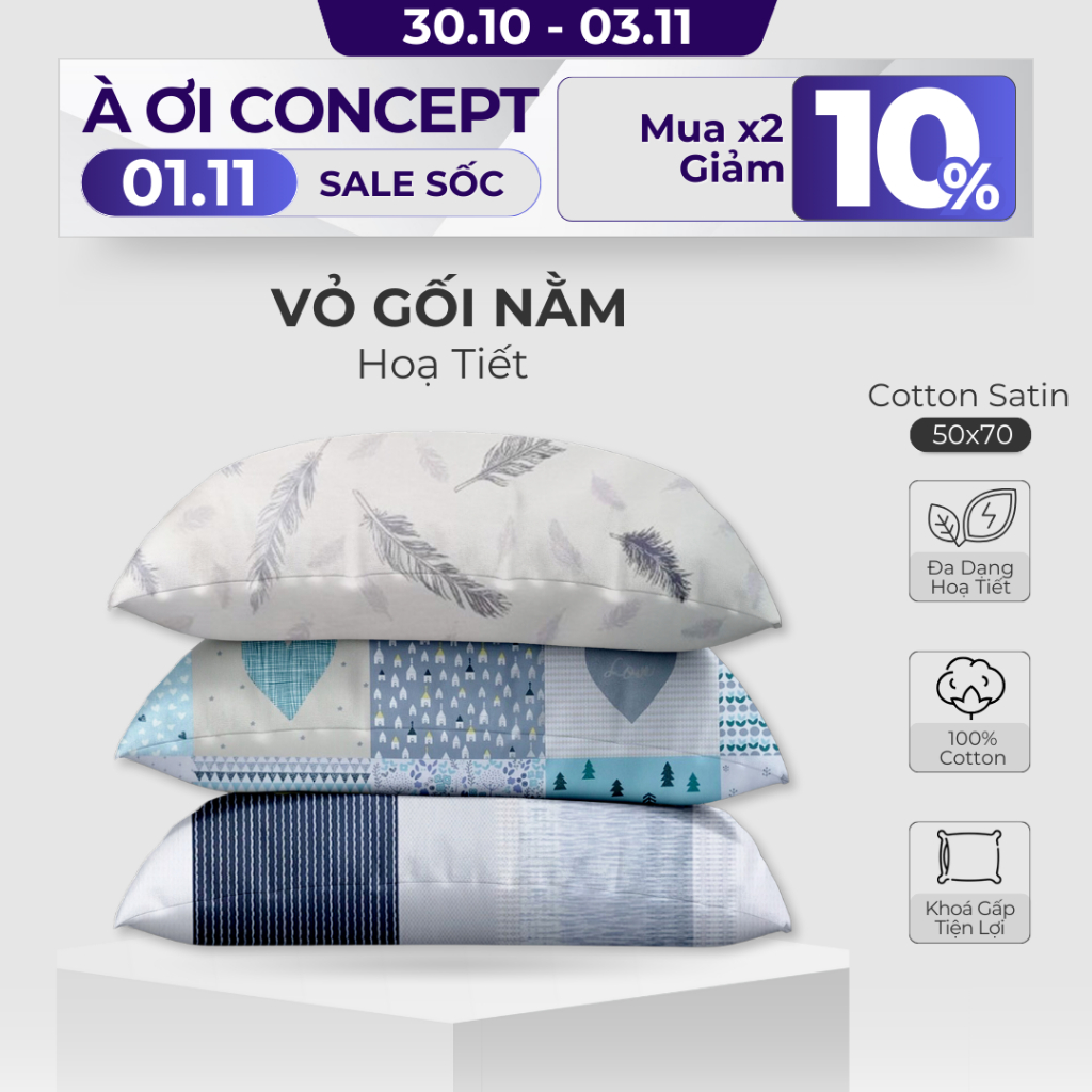 Vỏ Gối Nằm Cotton Hàn Quốc Cao Cấp À Ơi Concept Hoa Văn Size 50x70 cm