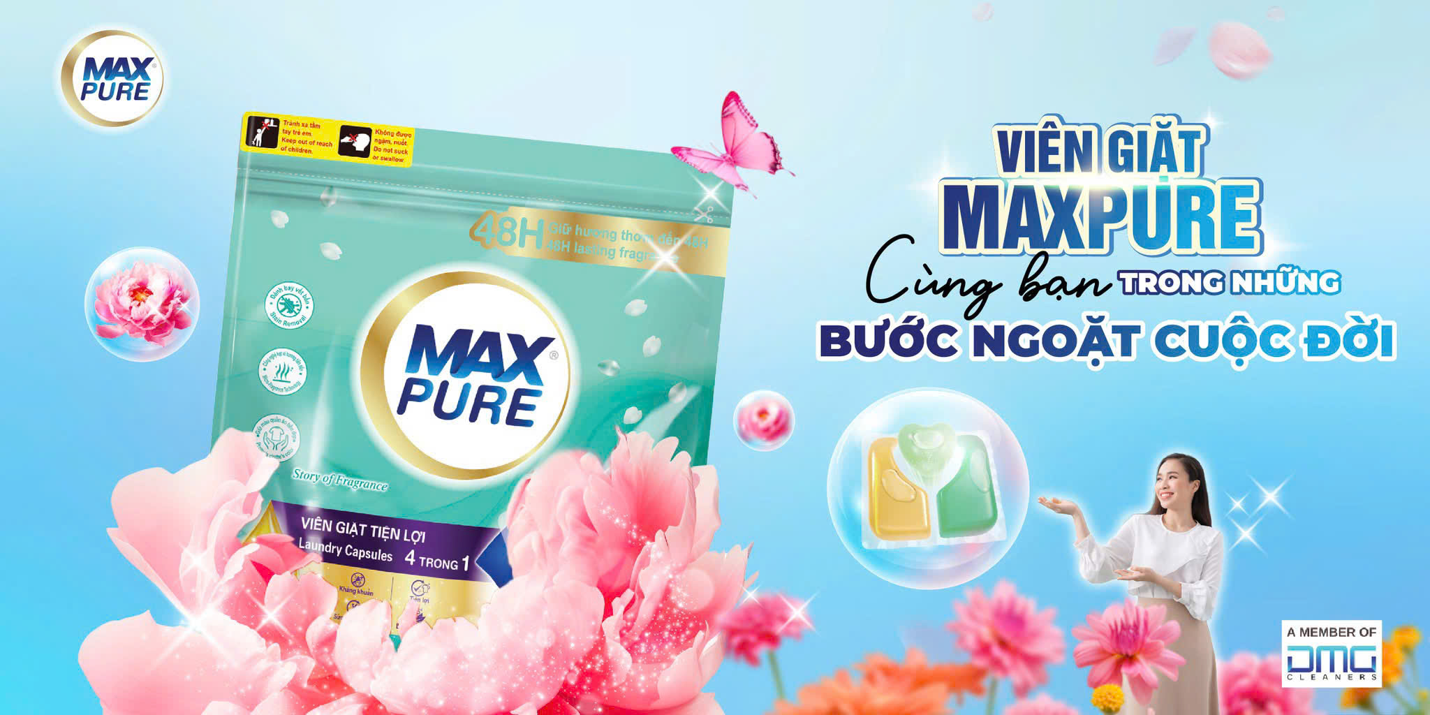 Túi 30 Viên Giặt Tiện Lợi MaxPure 4in1- Hương Huyền Thoại - tặng 1 vỉ treo bồn cầu hương Chanh
