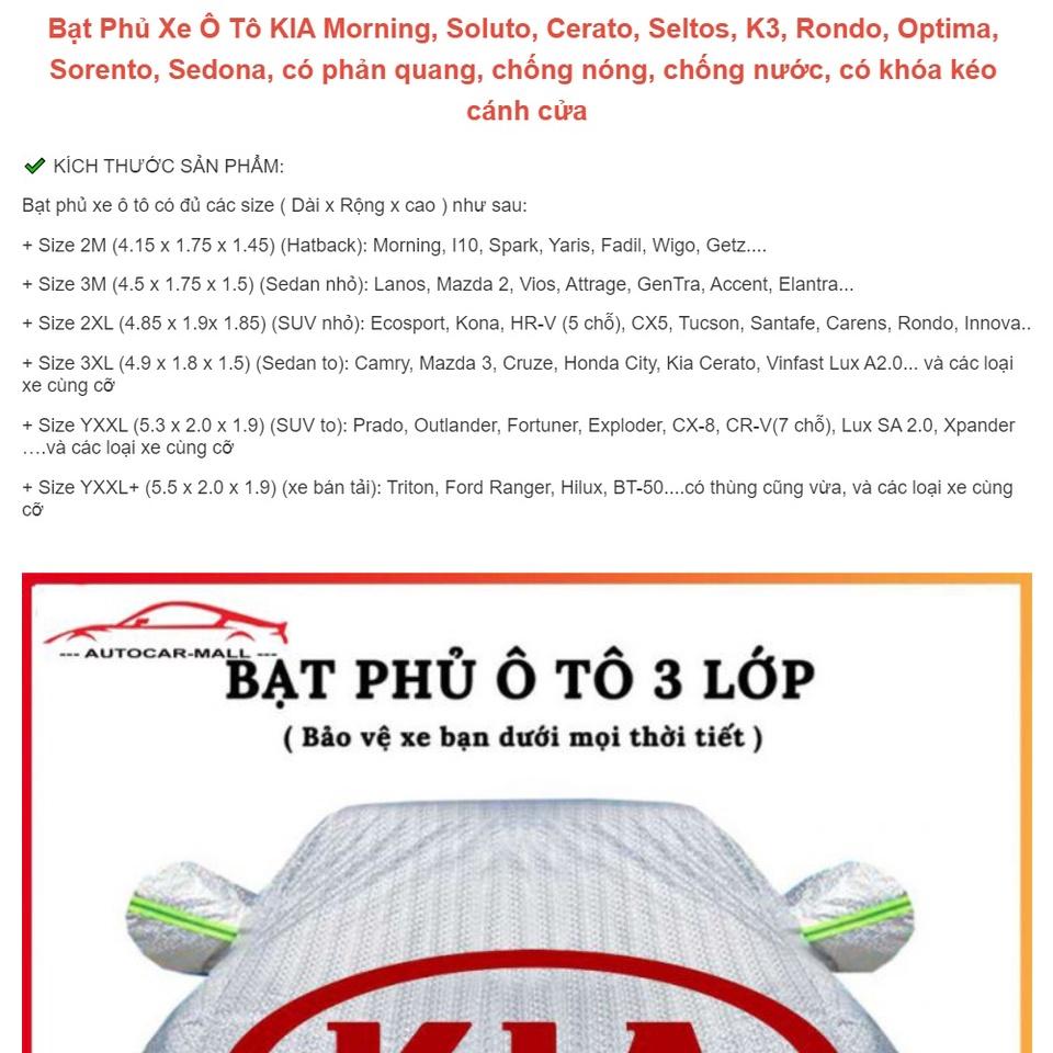Bạt Phủ Xe Ô Tô KIA Morning, Soluto, Cerato, Seltos, K3, Rondo, Optima, Sorento, Sedona