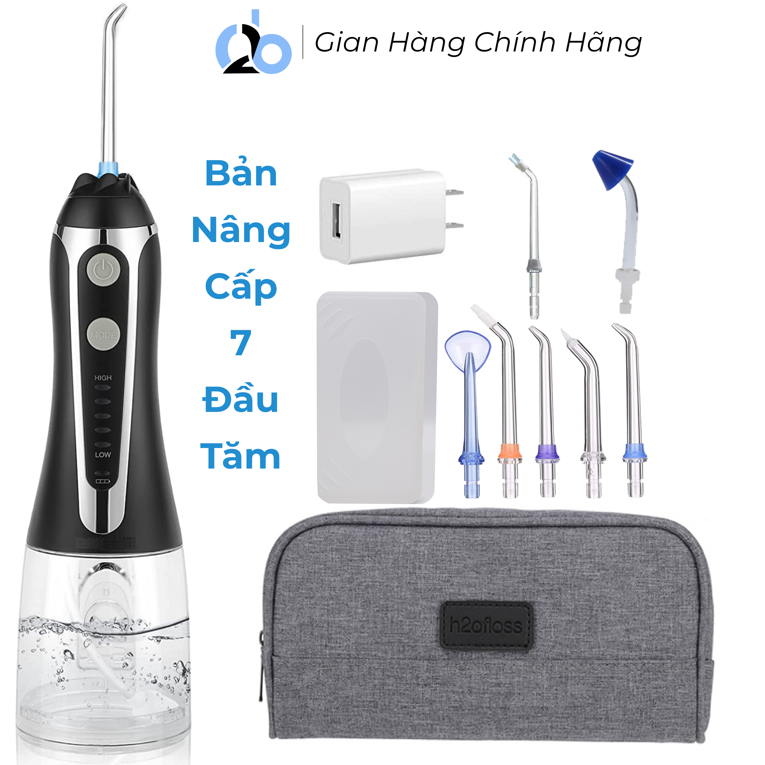 Tăm nước cầm tay H2ofloss HF-2 phiên bản nâng cấp được phân phối độc quyền với nút mở bình nước tiện lợi, tặng kèm 7 đầu tăm, củ sạc nguồn thấp - HF-2 đen