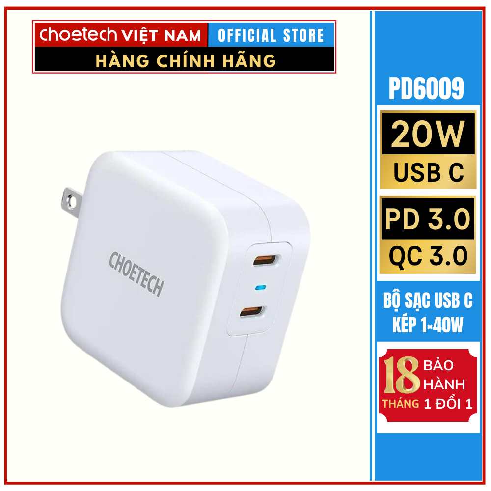 Bộ sạc đầu ra Dual Type-C PD20W Choetech PD6009