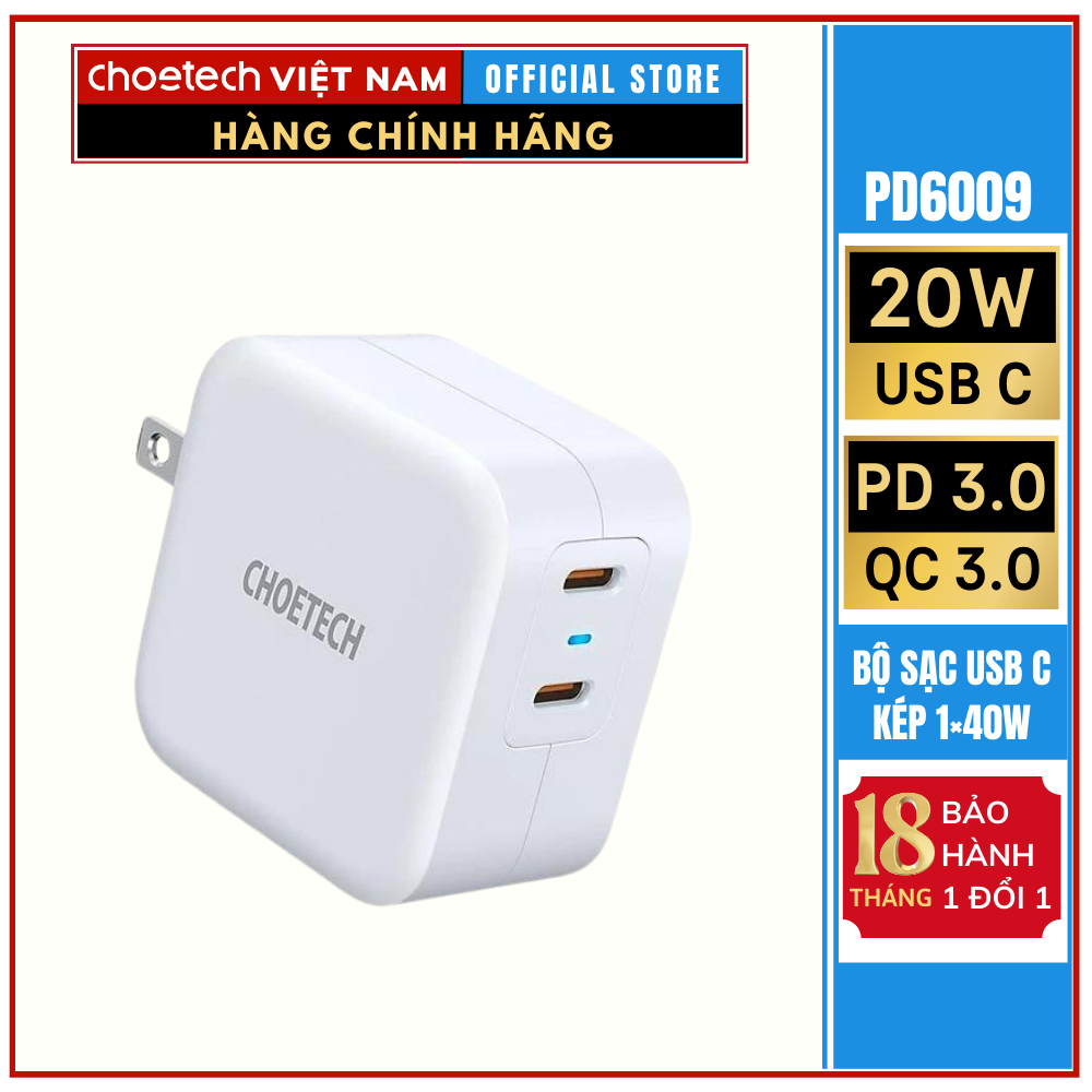 Bộ sạc đầu ra Dual Type-C PD20W Choetech PD6009 ( HÀNG CHÍNH HÃNG)