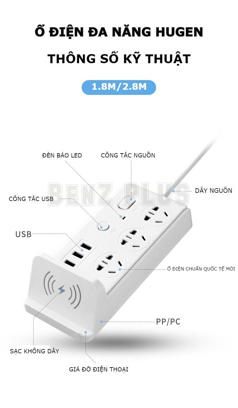 Ổ cắm điện đa năng BENZ hỗ trợ sạc không dây 3 cổng USB 3 ổ điện đa chuẩn phích cắm 2 công tắc chịu tải 2500W dây nối dài 1.8m/2.8m