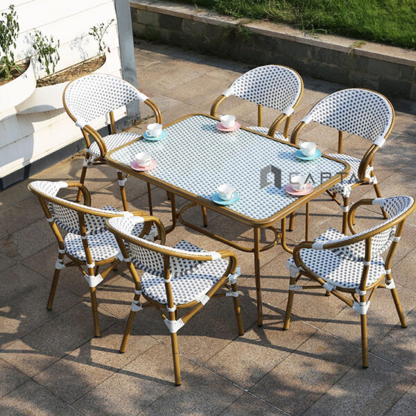 Ghế ngoài trời xếp chồng nệm dây đan caro CC2020-A Nội thất Capta Ghế ăn giả mây đan nhựa khung nhôm Outdoor chair