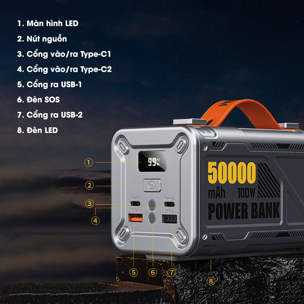 Sạc dự phòng sạc siêu nhanh 100W Remax WP-08 50000mAh sạc laptop có đèn pin TypeC Out 100W/60W và USB 22.5W Hàng Chính Hãng