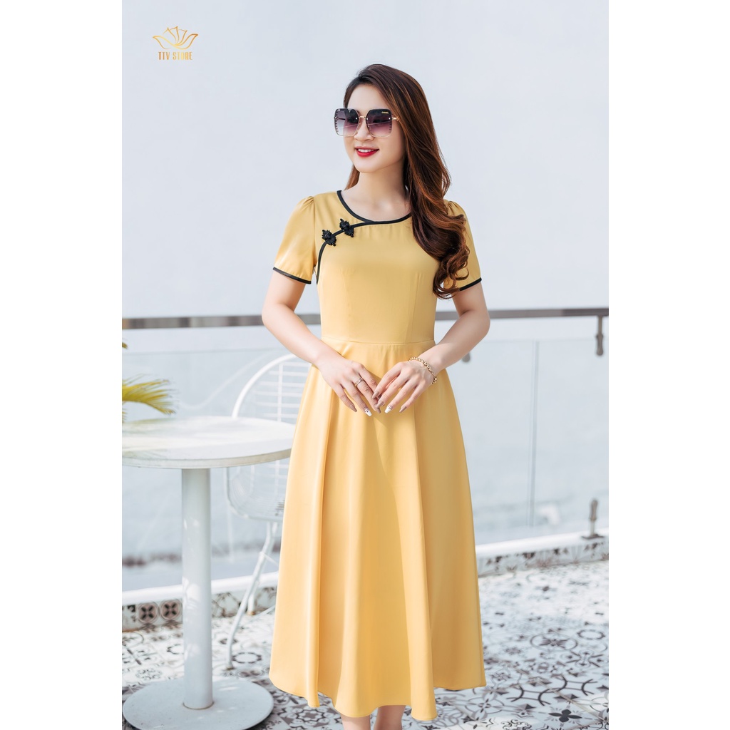 Maxi thời trang trung niên thiết kế Cổ tròn tay ngắn TTV Store TTV1177 Vàng sang trọng