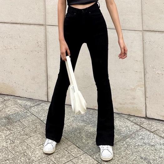 Quần Jean Ống Loe Đen Nữ Dài Sofm Wear Cạp Cao