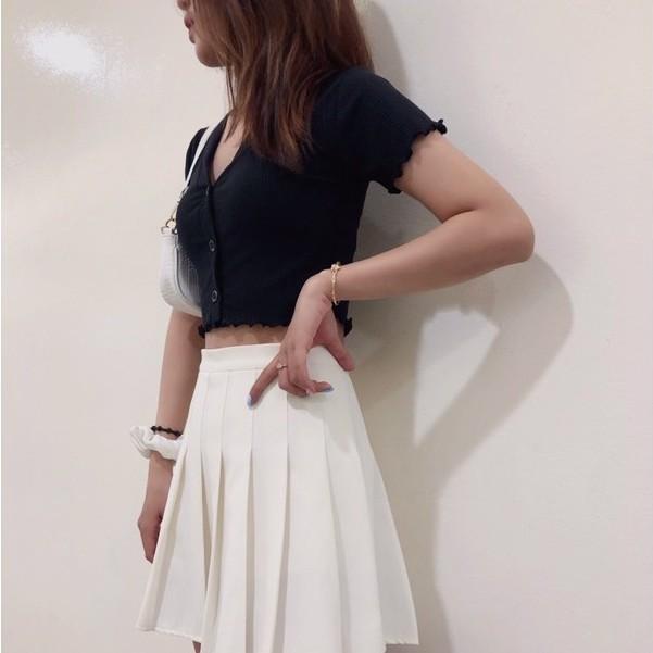Áo Croptop thun gân đũa cổ V 3 nút viền cuốn biên Vải dày đẹp, mịn