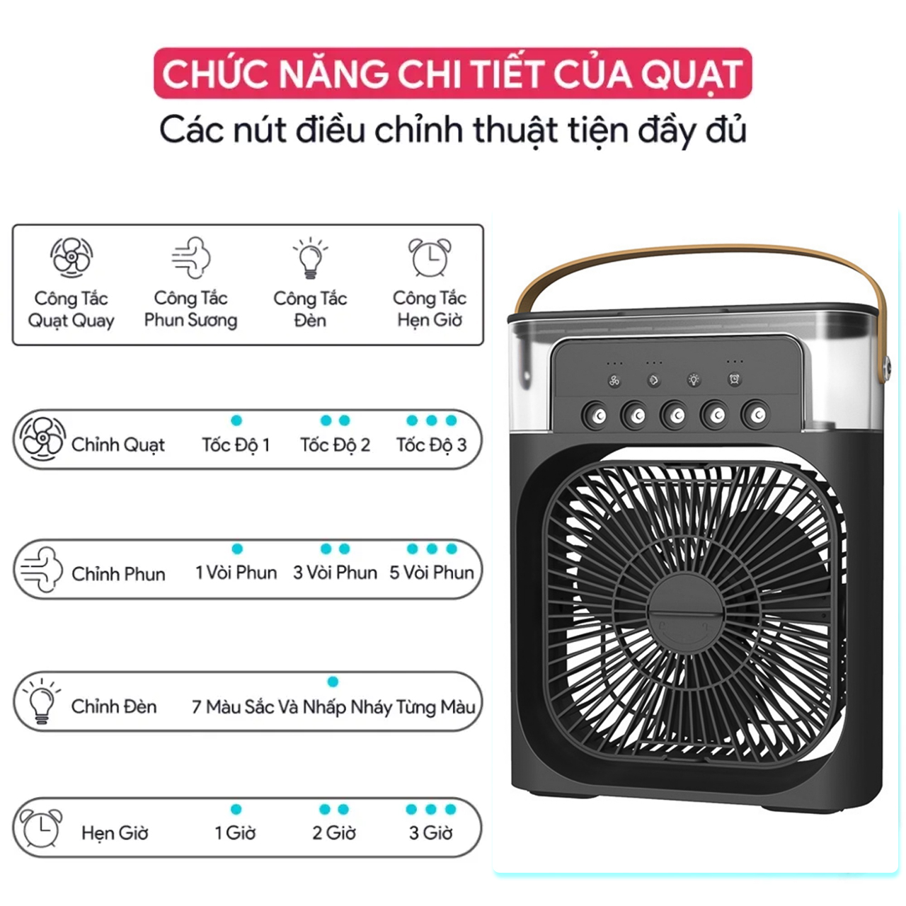 Quạt điều hoà mini hơi nước làm mát không khí nhỏ gọn để bàn có nhiều chế độ làm mát có khay chứa đá công suất lớn quạt êm không có tiếng ồn - hàng chính hãng Vinetteam