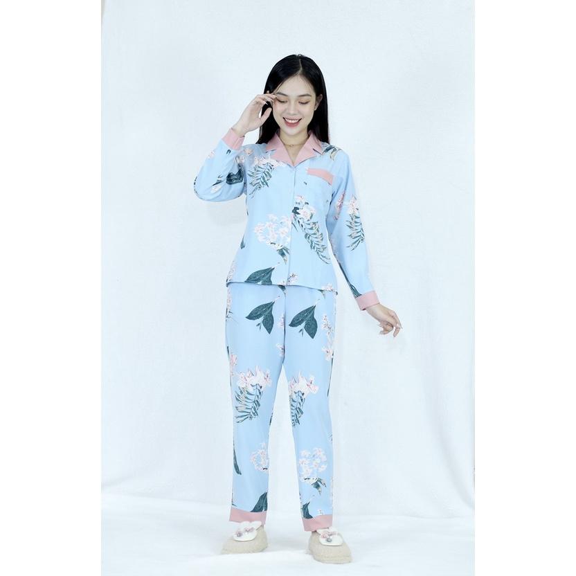 Bộ đồ Pijama nữ dài họa tiết NỀN XANH HOA LÁ Cực Kì Sang Chả