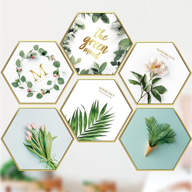 Decal Dán Tường Hoa Lá Trang Trí Phòng Ngủ, Phòng Khách - Lục Giác Trắng Xanh Lá NHAXINH01