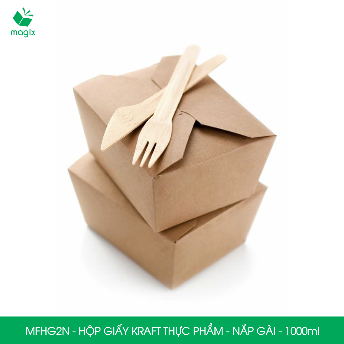 MFHG2N - 25 hộp giấy kraft thực phẩm 1000ml, hộp giấy nắp gập màu nâu đựng thức ăn, hộp giấy nắp gài gói đồ ăn mang đi