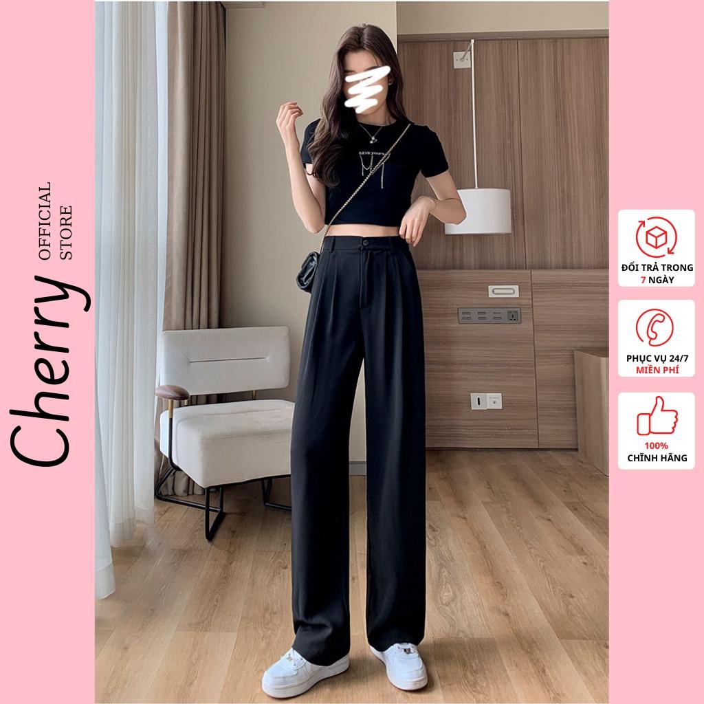 Quần ống rộng nữ lưng cao chất vải tuyết mưa khóa trước 1 khuy culottes CHERRY quần nữ ống suông tôn dáng bigsize T003