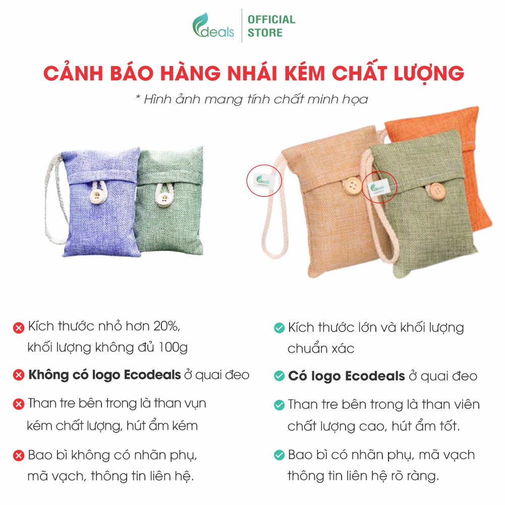 Túi Than Hoạt Tính ECODEALS Khử mùi, Chống nấm mốc, Vi khuẩn, Khí độc đến 2 năm - 100% than tre tự nhiên - 1 túi, màu ngẫu nhiên