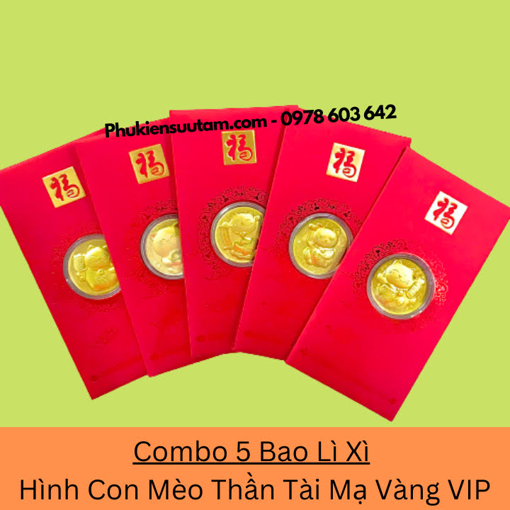 Combo 5 Bao Lì Xì Hình Con Mèo Thần Tài Mạ Vàng VIP, kích thước: 17cmx8cm, màu đỏ - SP005923