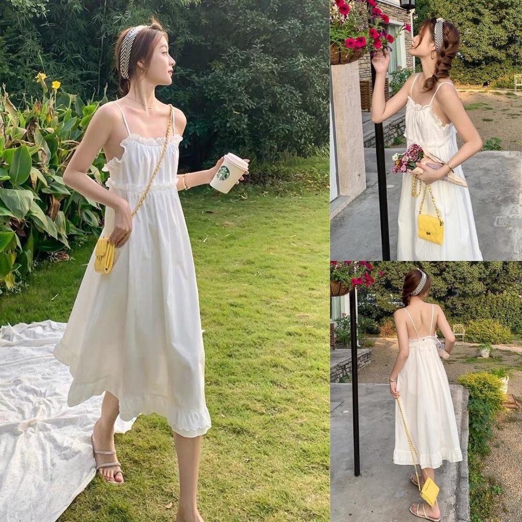 Đầm trắng đi biển 2 dây hở lưng maxi Cao Cấp phong cách Vintage thiết kế dáng xòe dài qua gối MiNhi