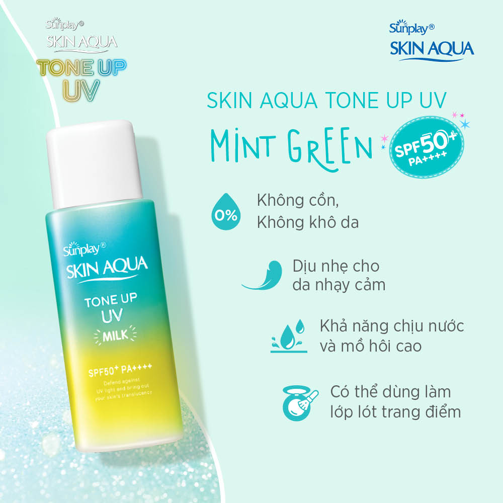 Kem chống nắng nâng tông Skin Aqua Tone up Mint Green cho da trắng có khuyết điểm đỏ, dạng sữa Sunplay Skin Aqua Tone Up UV Milk Mint Green SPF 50+ PA++++ 50g
