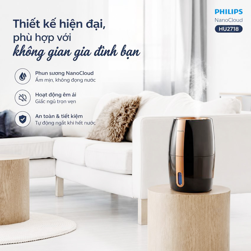 Máy tạo độ ẩm cao cấp thương hiệu Philips HU2718/00 - Hệ thống bốc hơi tiên tiến công nghệ NanoCloud - HÀNG NHẬP KHẨU
