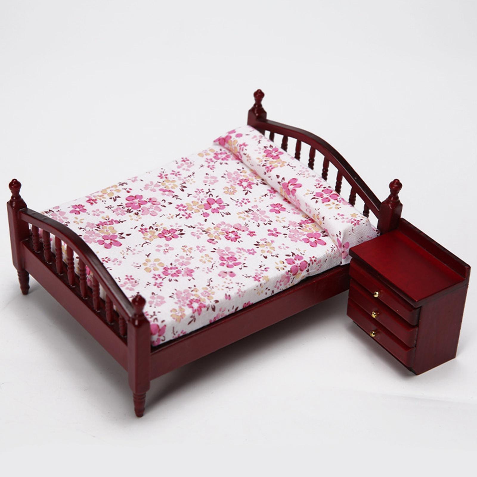 1:12 Scale Miniature Dollhouse Bed with Bed Cabinet Dollhouse Decoration
