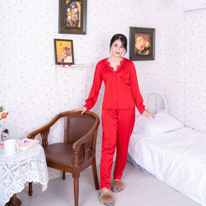 Đồ bộ pijama lụa, đồ mặc nhà nữ VILADY - B105 kiểu tay dài quần dài, hoạ tiết trơn phối viên ren quyến rũ, chất liệu lụa Pháp (lụa latin) cao cấp - Màu đỏ