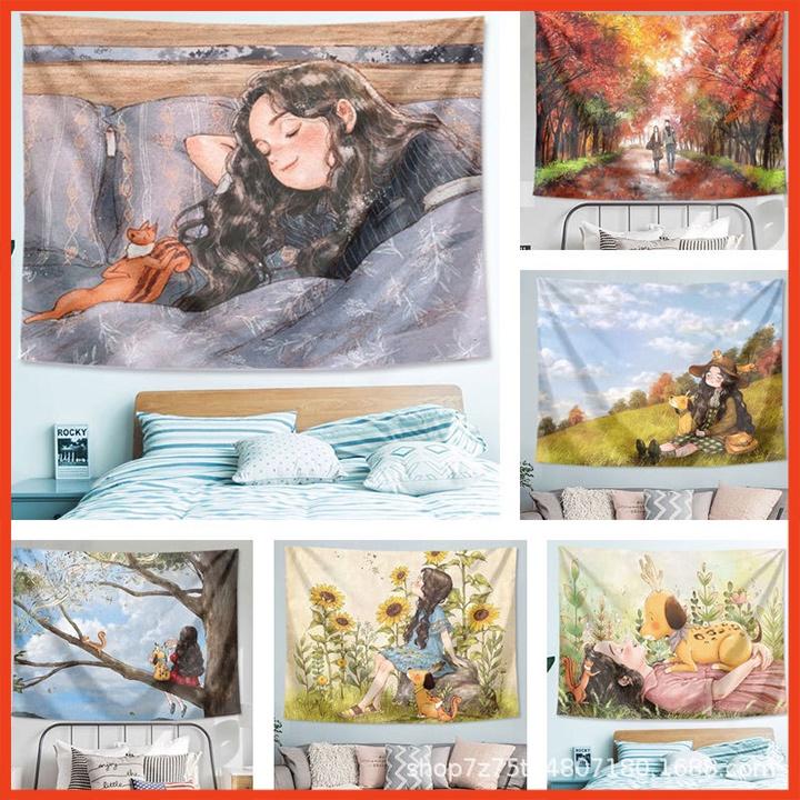 Tranh vải treo tường decor, Thảm vải treo tường trang trí phòng ngủ hình cô gái siêu đáng yêu tặng kèm móc treo tiện lợi