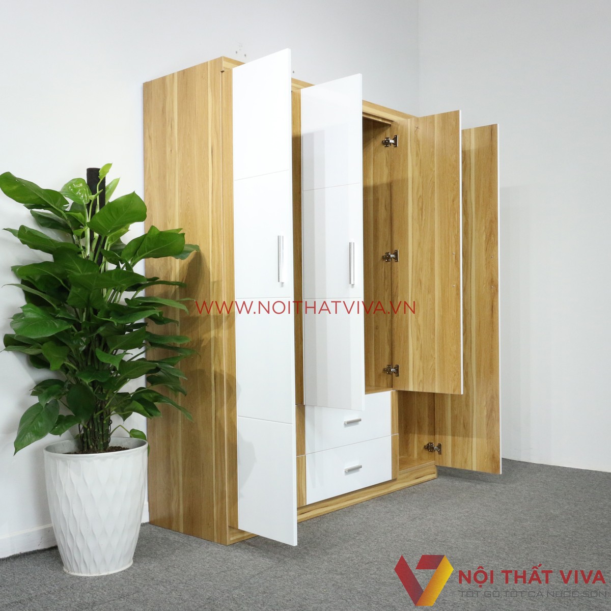 Tủ Áo 4 Cánh Cửa Mở 1m6x2M Gỗ MDF Melamine Màu Sọc Vàng Cánh Trắng