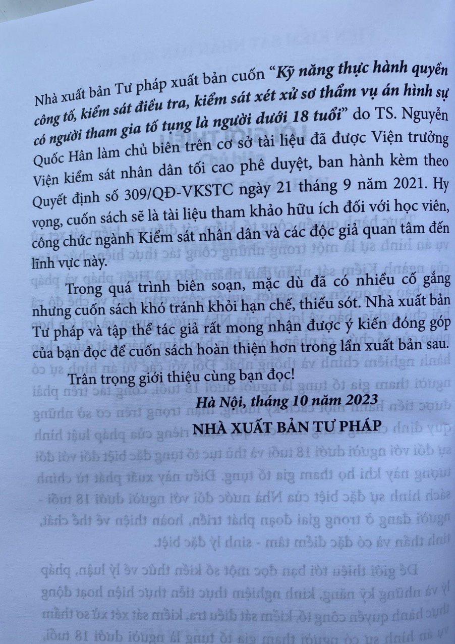 Kỹ Năng Thực Hành Quyền Công Tố, Kiểm Sát Điều Tra, Kiểm Sát Xét Xử Sơ Thẩm Vụ Án Hình Sự Có Người Tham Gia Tố Tụng Là Người Dưới 18 Tuổi