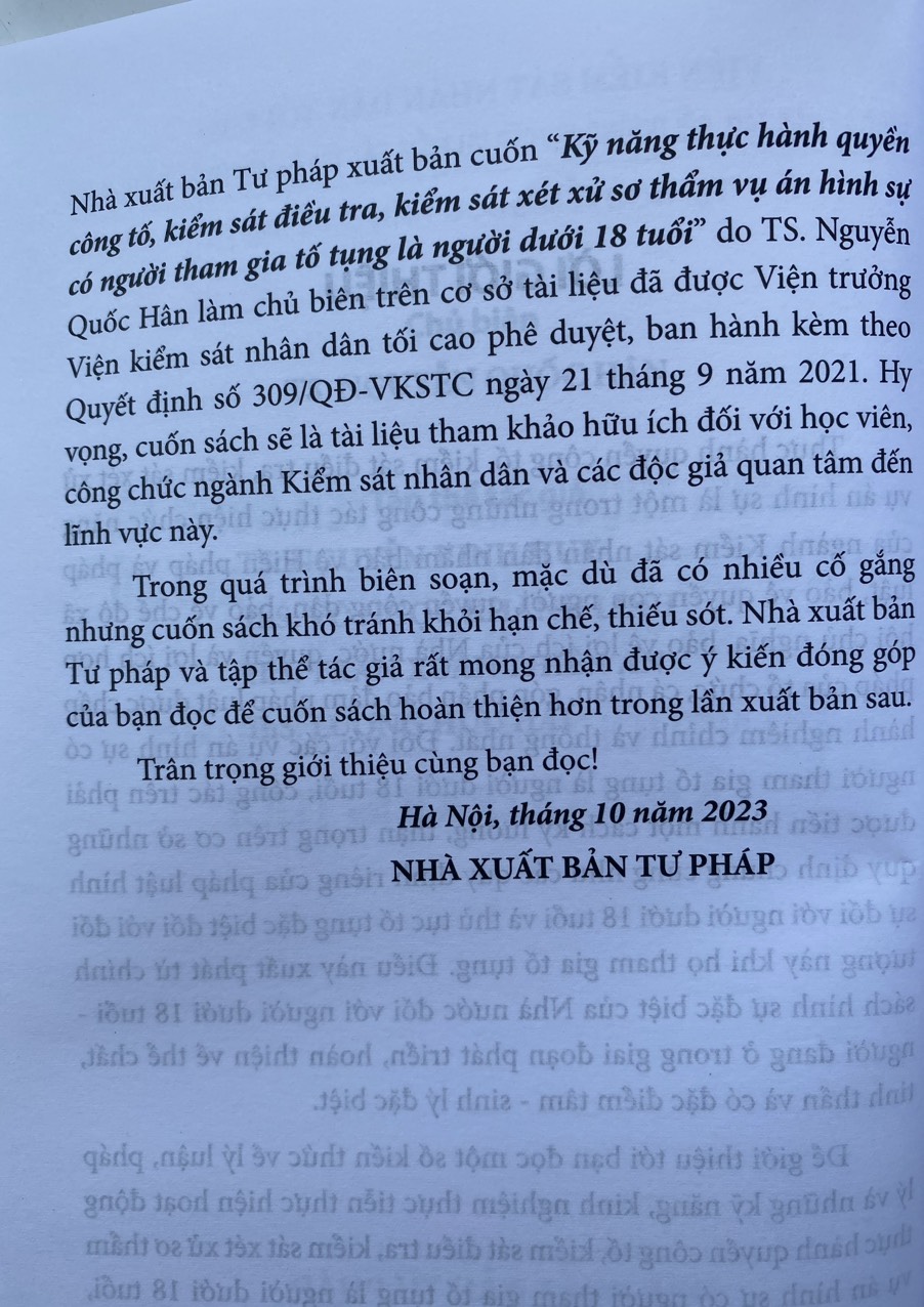 Kỹ Năng Thực Hành Quyền Công Tố, Kiểm Sát  Điều Tra, Kiểm Sát Xét Xử Sơ Thẩm Vụ Án Hình Sự Có Người Tham Gia Tố Tụng Là Người Dưới 18 Tuổi