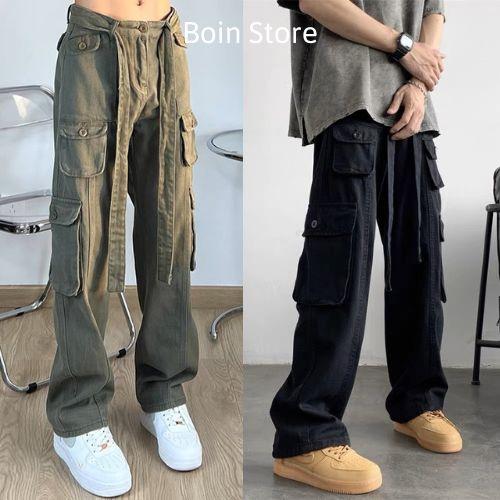 Quần kaki túi hộp Hiphop ống rộng xuông dài cargo pants trơn thời trang cho nữ/nam -hình thật