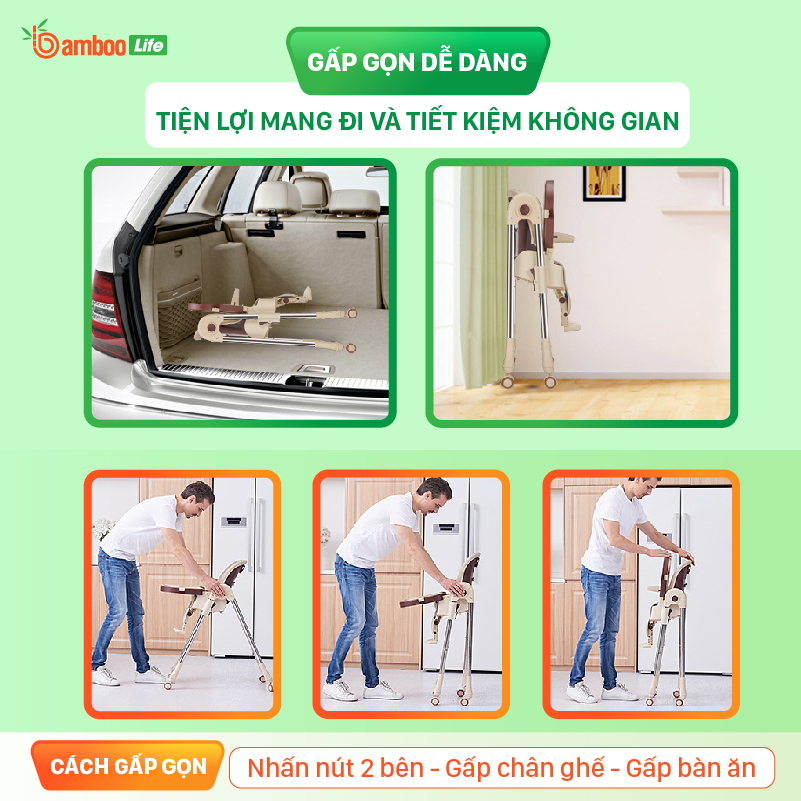 Ghế ăn dặm cho bé Bamboo Life đa năng gấp gọn thay đổi độ cao điều chỉnh nhiều chế độ có bánh xe phù hợp cho bé ăn dặm từ 6 tháng mang theo đi chơi du lịch