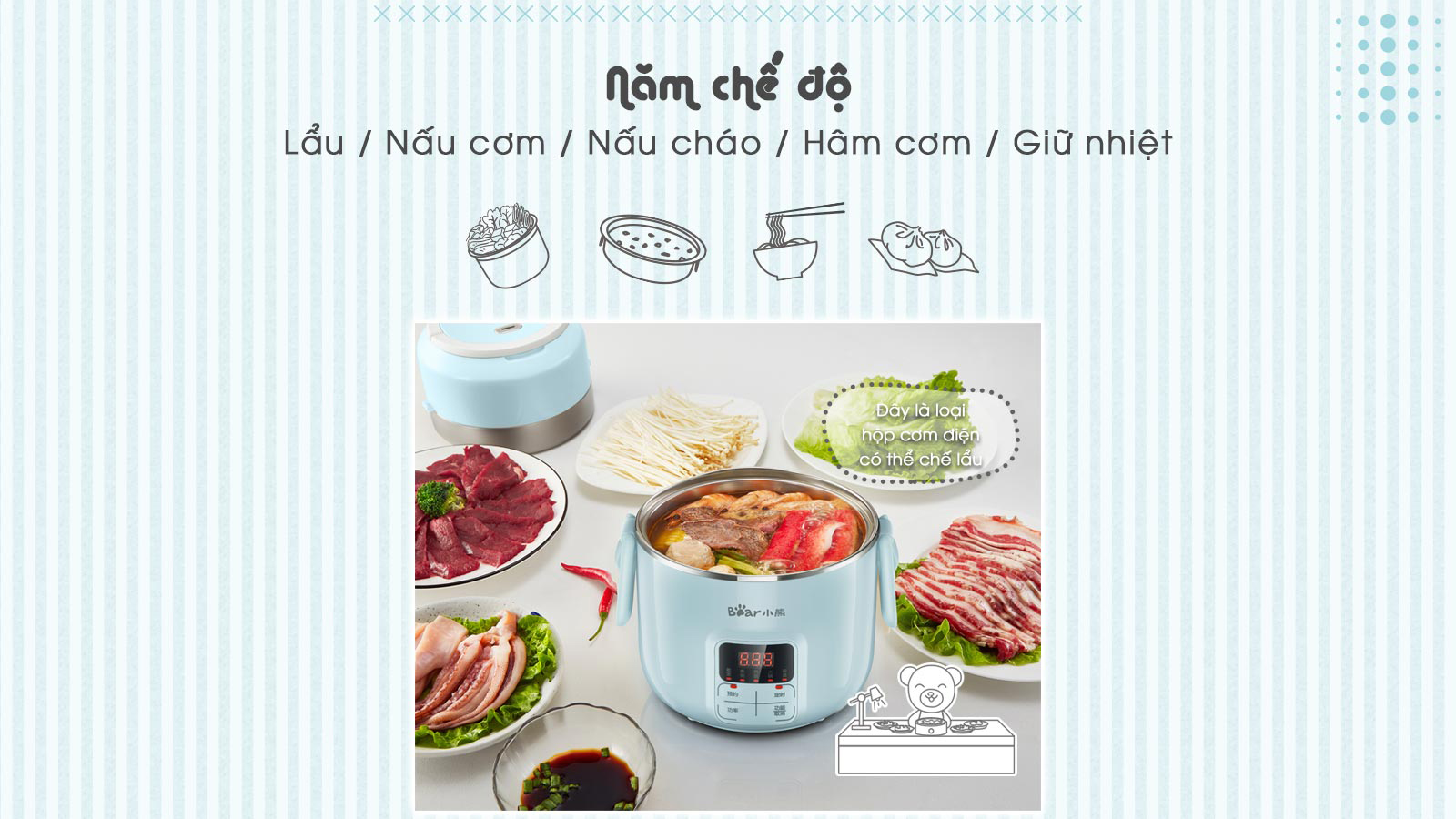 Hộp Cơm Điện Hẹn Giờ công nghệ hút chân không Bear DFH-B20J1 giữ thức ăn tươi ngon - hàng chính hãng