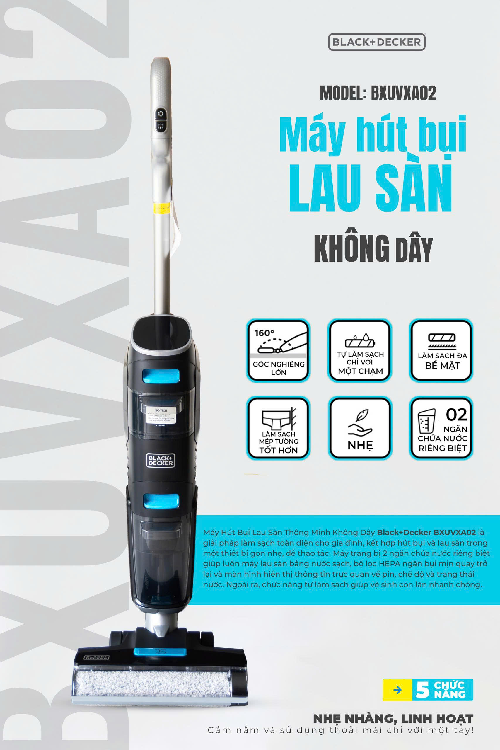 Máy hút bụi không dây lau sàn thông minh 5 chức năng Black+Decker BXUVXA02 -HÀNG CHÍNH HÃNG