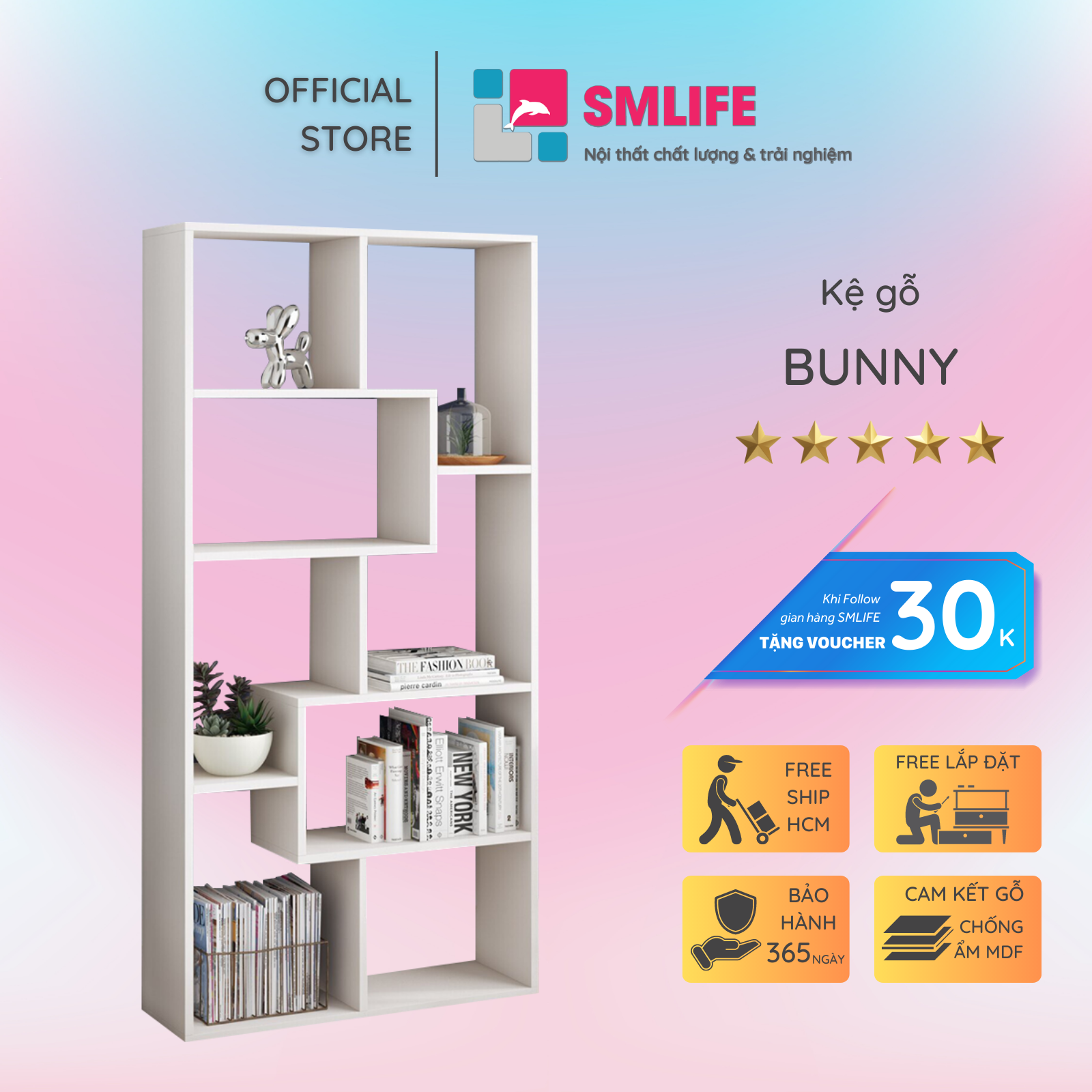 Kệ sách gỗ hiện đại SMLIFE Bunny  | Gỗ MDF dày 17mm chống ẩm | D80xR30xC180cm