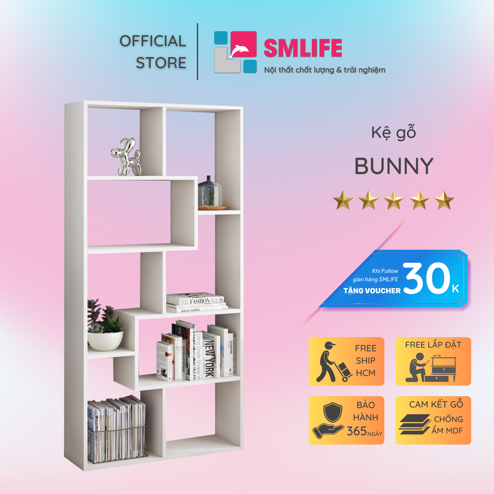 Kệ sách gỗ hiện đại SMLIFE Bunny  | Gỗ MDF dày 17mm chống ẩm | D80xR30xC180cm - Màu