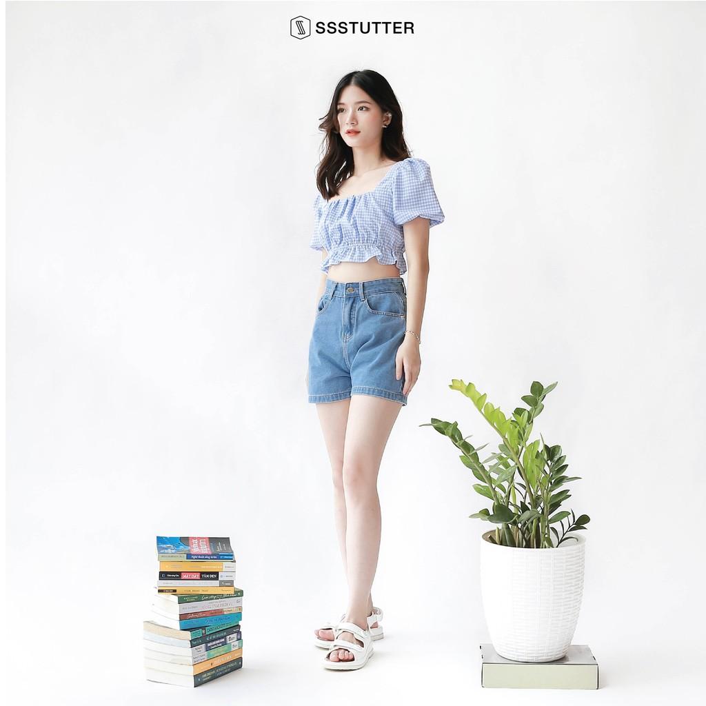 Áo crotop nữ SSSTUTTER kiểu tay bồng bèo nhún pin shirt