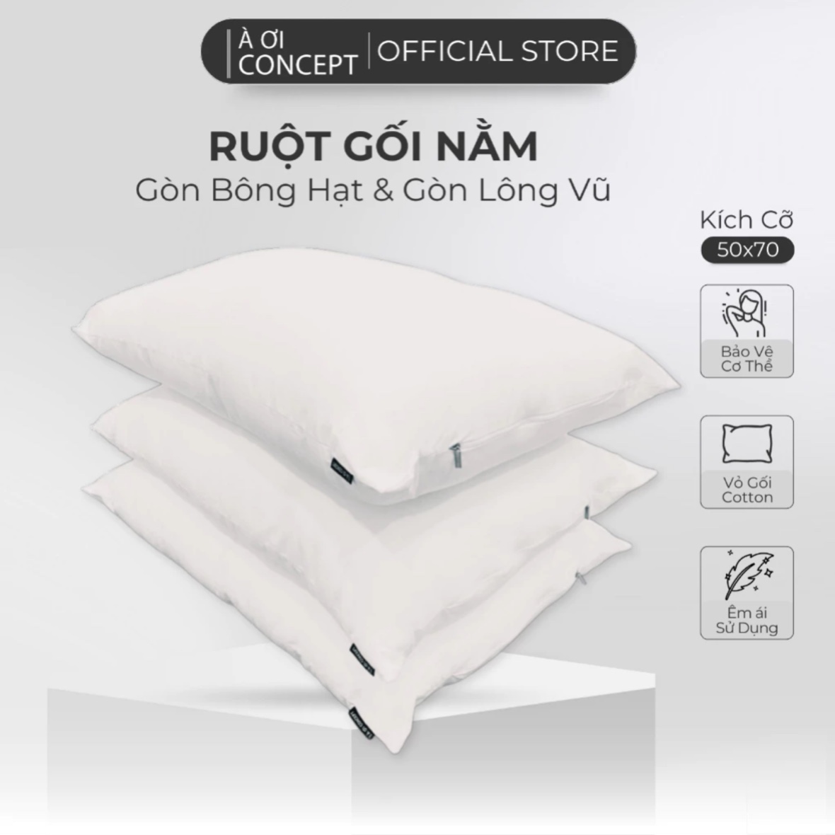 Ruột Gối Nằm Gòn Bông Hạt/Lông Vũ Cao Cấp À Ơi Concept size 50x70 cm