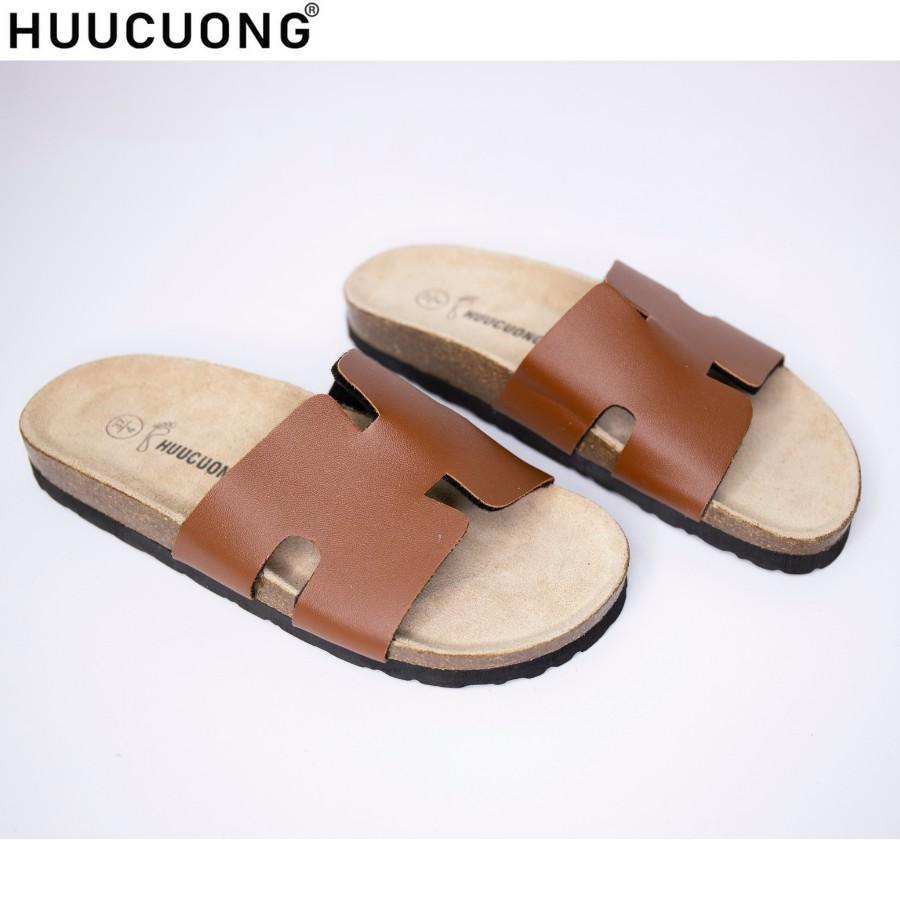 Dép unisex HuuCuong -chữ H pu nâu đế trấu