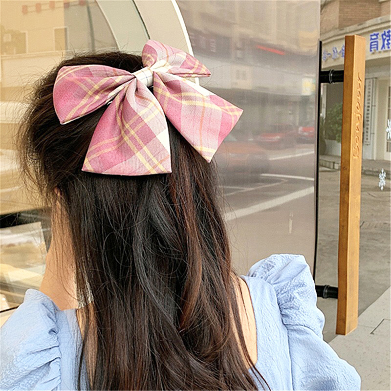 Kẹp tóc Hàn Quốc, kẹp nơ vải to bản họa tiết caro tiểu thư ngọt ngào KT34