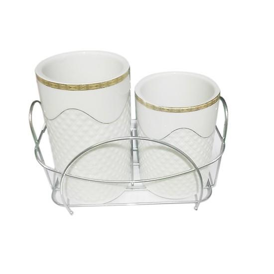 Ống đũa sứ đôi | ỐNG CẮM ĐŨA 2 CÓ THOÁT NƯỚC KHUNG KIM LOẠI | 2 HŨ SỨ ĐỰNG ĐŨA VÂN SẦN CAO CẤP VIỀN VÀNG