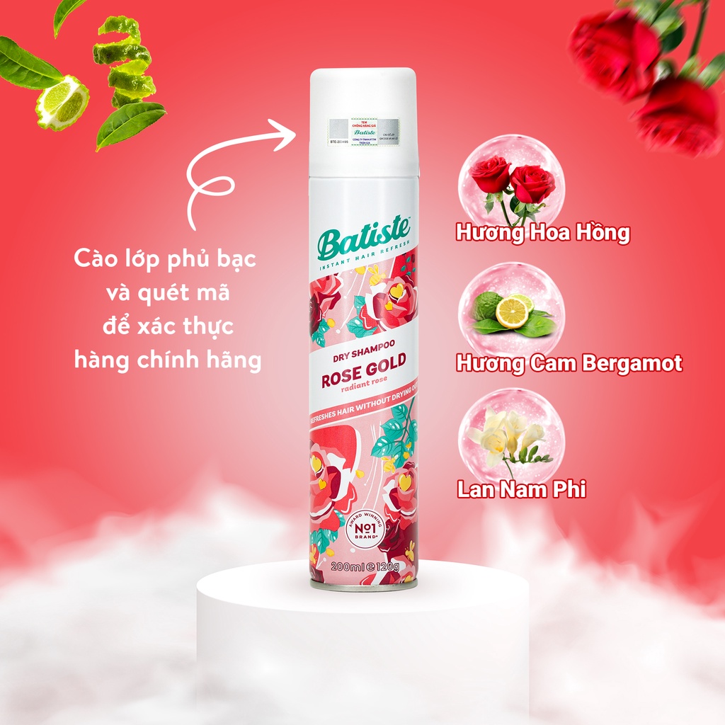 Dầu Gội Khô Batiste Hương Hoa Hồng - Batiste Dry Shampoo Rose Gold Radiant Rose 200ml