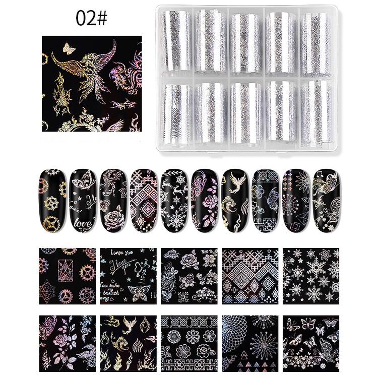Foil nail dạ quang 3D 5D Yapas 10 cuộn họa tiết bảy màu, decal sticker foil dán trang trí móng tay cao cấp
